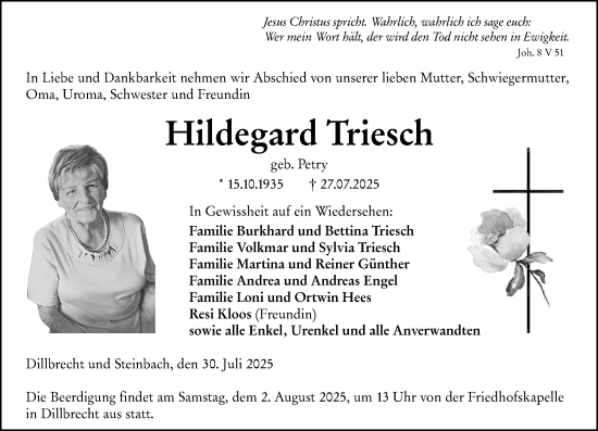 Traueranzeige von Hildegard Triesch von Dill Block