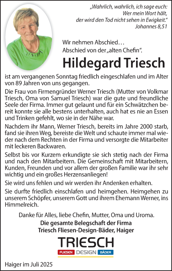 Traueranzeige von Hildegard Triesch von Dill Block