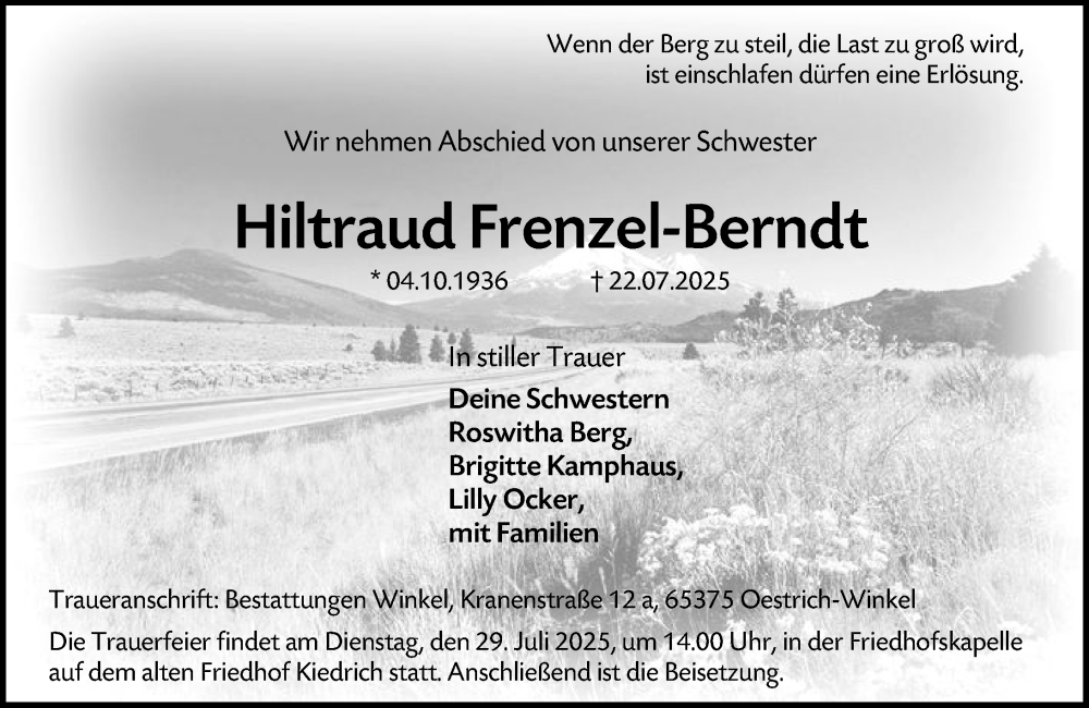  Traueranzeige für Hiltraud Frenzel-Berndt vom 25.07.2025 aus Wiesbadener Kurier