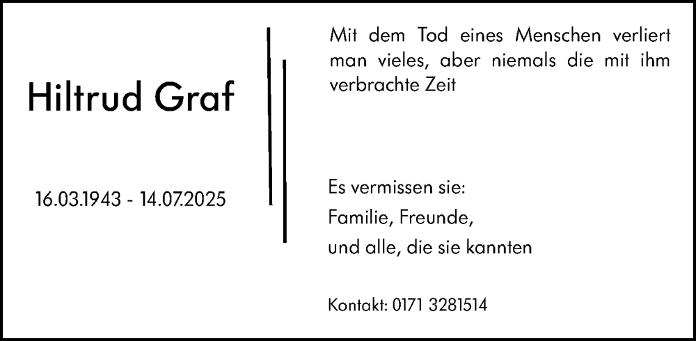  Traueranzeige für Hiltrud Graf vom 19.07.2025 aus Darmstädter Echo