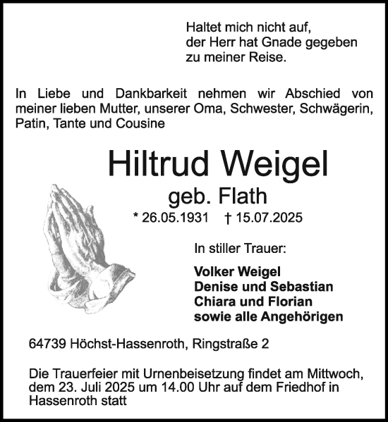 Traueranzeige von Hiltrud Weigel von Odenwälder Echo