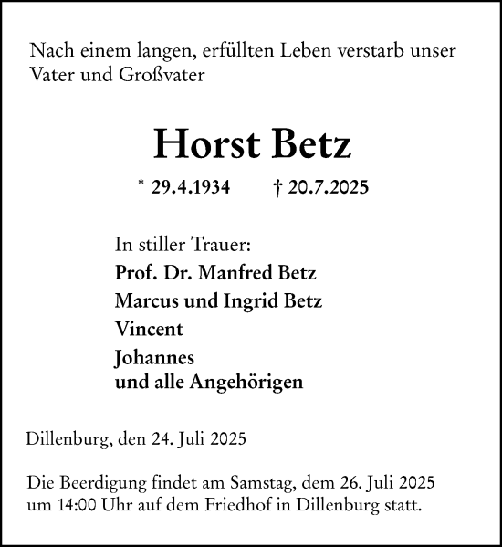 Traueranzeige von Horst Betz von Dill Block