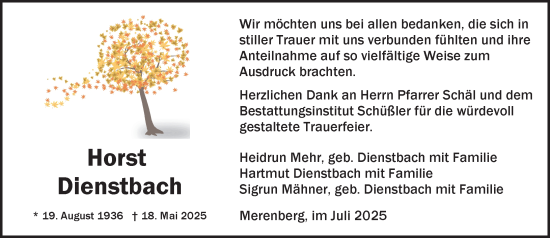 Traueranzeige von Horst Dienstbach von Weilburger Tageblatt