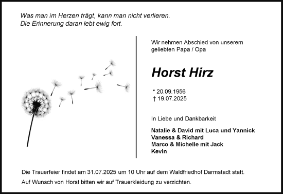 Traueranzeige von Horst Hirz von Darmstädter Echo