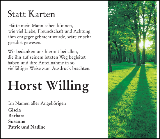 Traueranzeige von Horst Willing von Dill Block