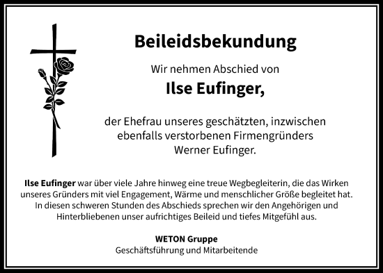 Traueranzeige von Ilse Eufinger von Nassauische Neue Presse