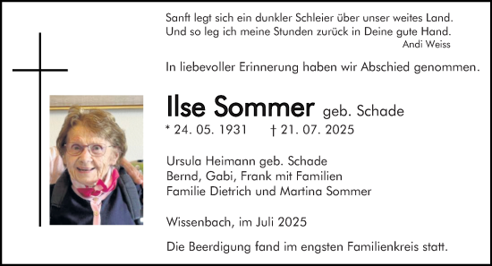 Traueranzeige von Ilse Sommer von Dill Block
