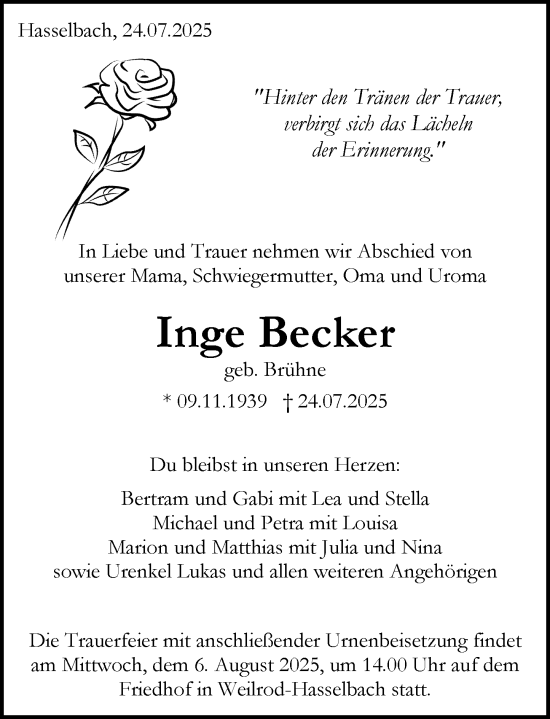 Traueranzeige von Inge Becker von Camberger Anzeiger