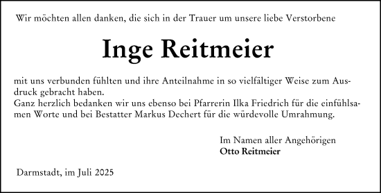 Traueranzeige von Inge Reitmeier von Darmstädter Echo