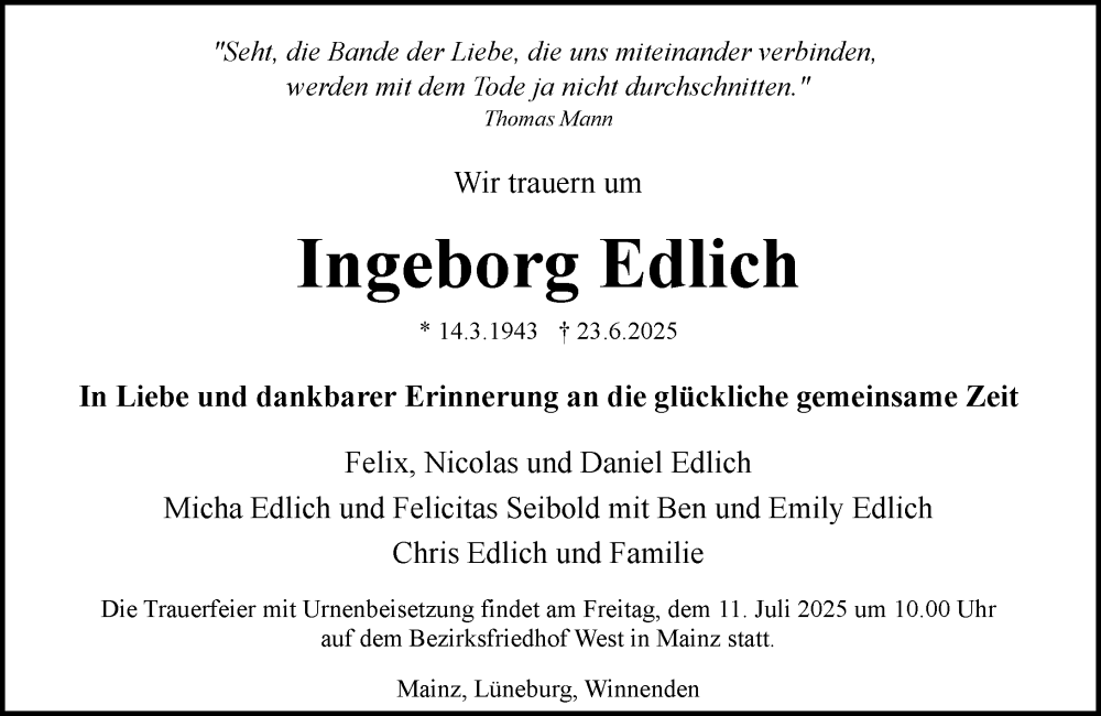  Traueranzeige für Ingeborg Edlich vom 05.07.2025 aus Allgemeine Zeitung Mainz