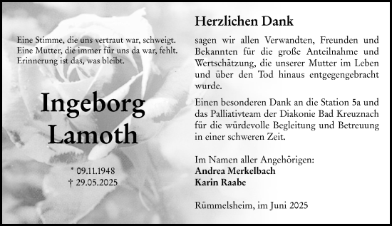 Traueranzeige von Ingeborg Lamoth von Allgemeine Zeitung Rheinhessen-Nahe
