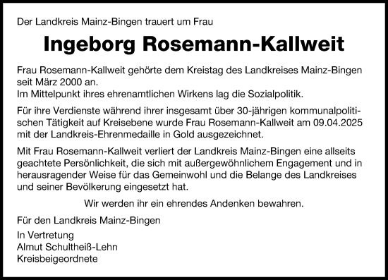 Traueranzeige von Ingeborg Rosemann-Kallweit von Allgemeine Zeitung Rheinhessen-Nahe