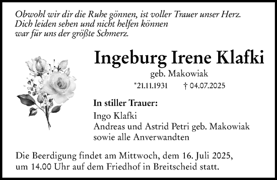 Traueranzeige von Ingeburg Irene Klafki von Dill Block