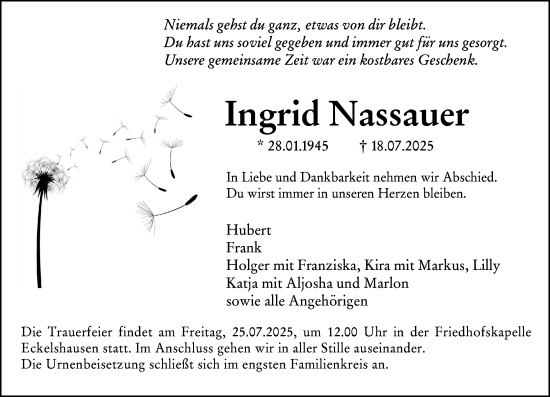 Traueranzeige von Ingrid Nassauer von Hinterländer Anzeiger