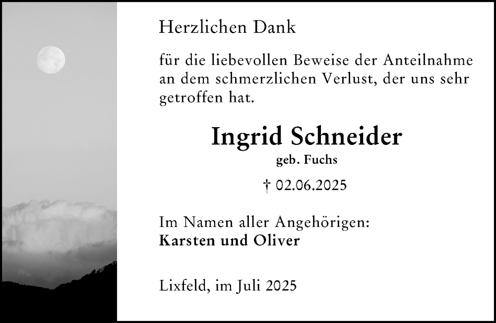  Traueranzeige für Ingrid Schneider vom 26.07.2025 aus Hinterländer Anzeiger