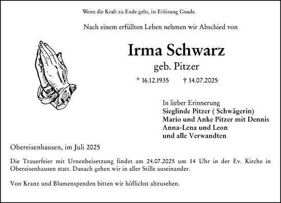 Traueranzeige von Irma Schwarz von Hinterländer Anzeiger
