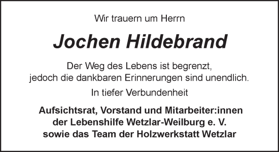 Traueranzeige von Jochen Hildebrand von Weilburger Tageblatt