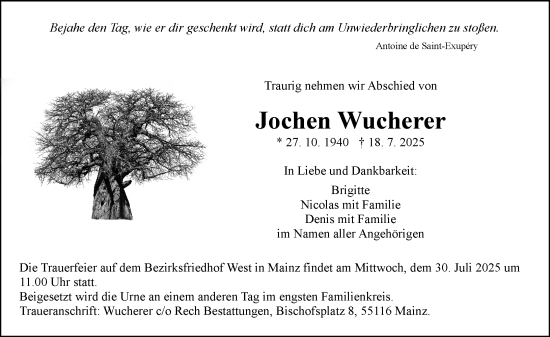 Traueranzeige von Jochen Wucherer von Allgemeine Zeitung Mainz