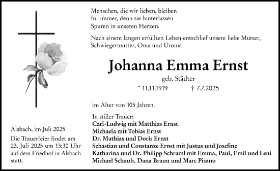 Traueranzeige von Johanna Emma Ernst von Darmstädter Echo