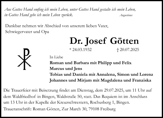 Traueranzeige von Josef Götten von Allgemeine Zeitung Rheinhessen-Nahe