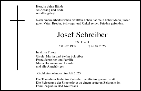 Traueranzeige von Josef Schreiber von Allgemeine Zeitung Alzey