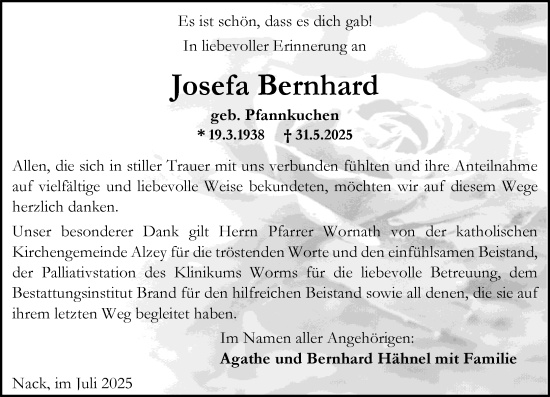 Traueranzeige von Josefa Bernhard von Allgemeine Zeitung Alzey