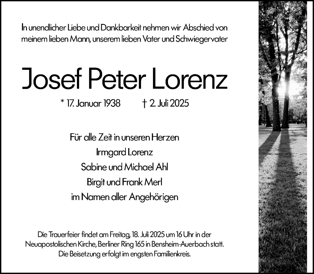  Traueranzeige für Josef Peter Lorenz vom 12.07.2025 aus Darmstädter Echo