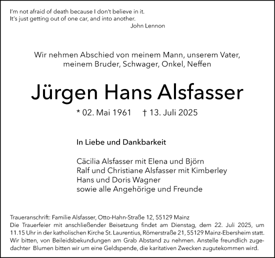 Traueranzeige von Jürgen Alsfasser von Allgemeine Zeitung Mainz