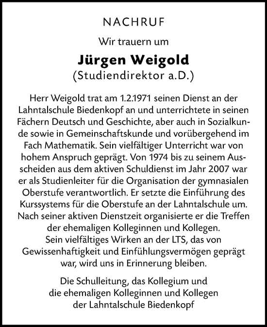 Traueranzeige von Jürgen Weigold von Hinterländer Anzeiger