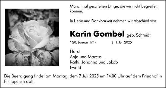 Traueranzeige von Karin Gombel von Weilburger Tageblatt