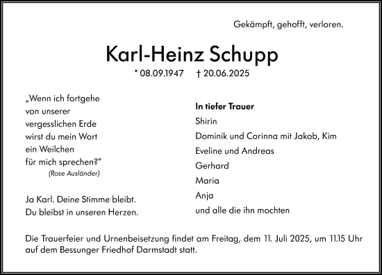 Traueranzeige von Karl-Heinz Schupp von Darmstädter Echo