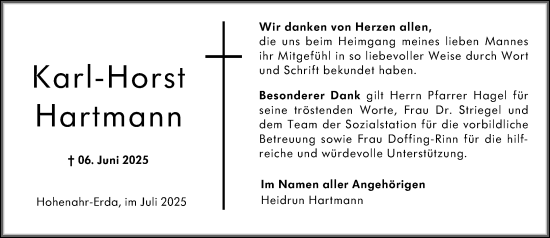 Traueranzeige von Karl-Horst Hartmann von Wetzlarer Neue Zeitung