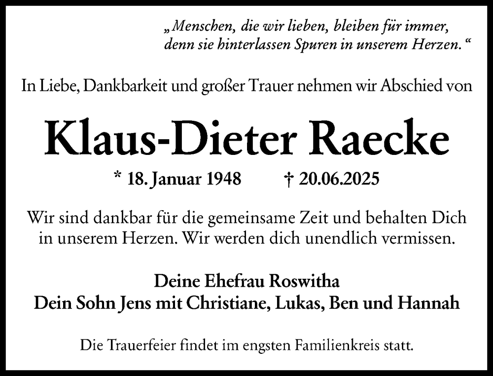  Traueranzeige für Klaus-Dieter Raecke vom 05.07.2025 aus Wiesbadener Kurier