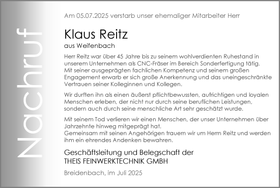 Traueranzeige von Klaus Reitz von Hinterländer Anzeiger