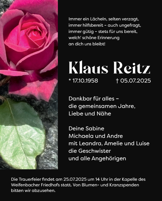 Traueranzeige von Klaus Reitz von Hinterländer Anzeiger