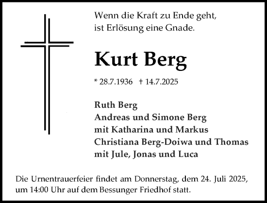 Traueranzeige von Kurt Berg von Darmstädter Echo