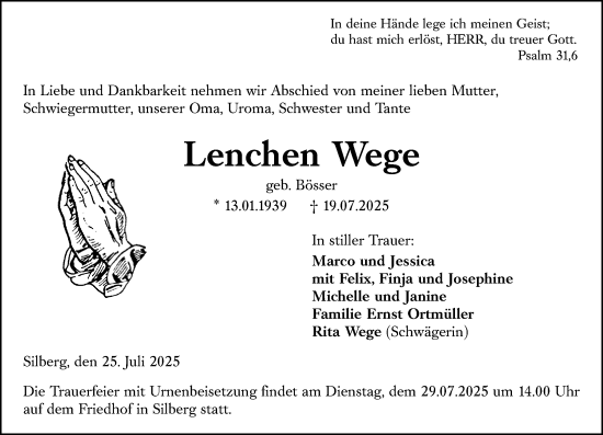 Traueranzeige von Lenchen Wege von Hinterländer Anzeiger