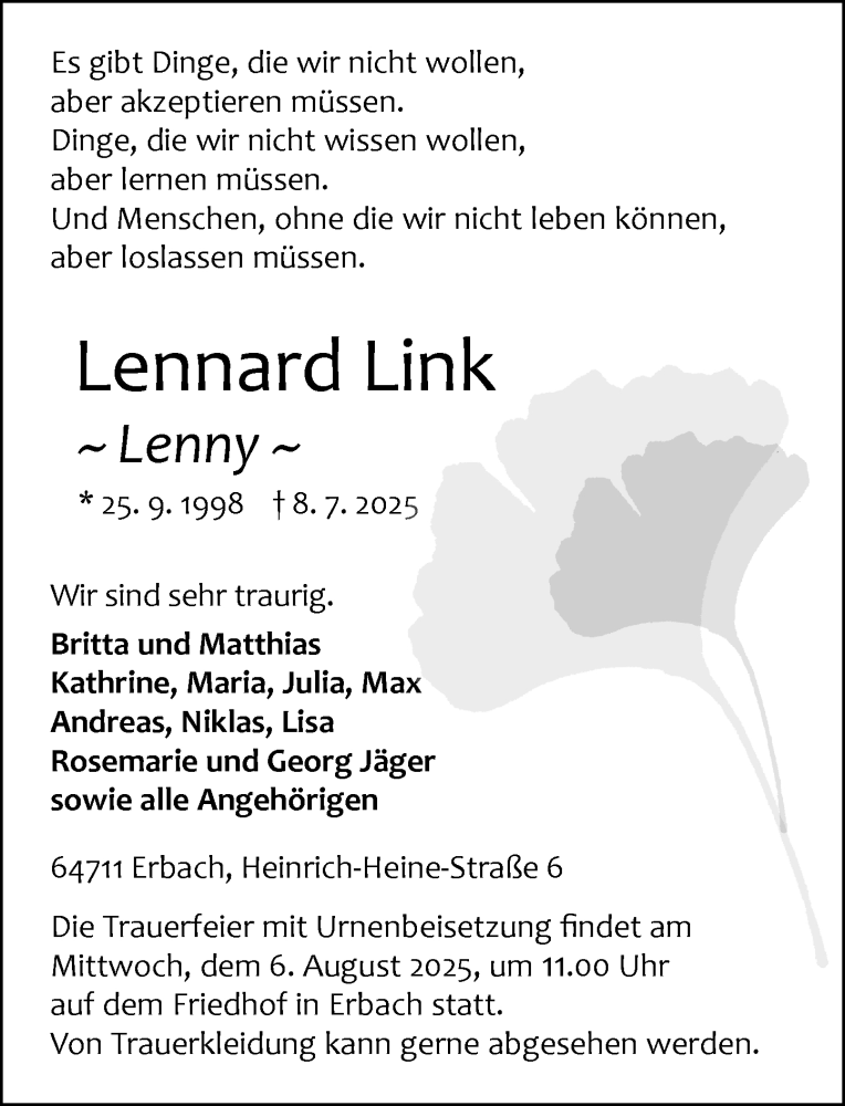 Traueranzeige für Lennard  Link vom 19.07.2025 aus Odenwälder Echo