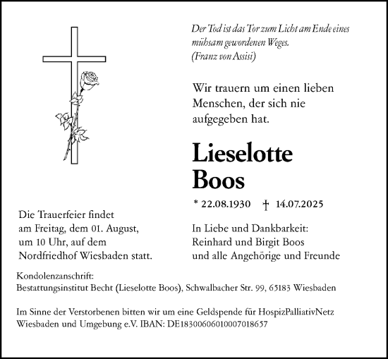 Traueranzeige von Lieselotte Boos von Wiesbadener Kurier