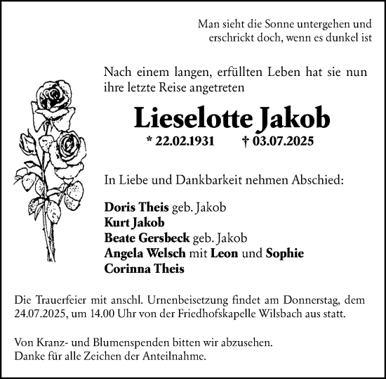 Traueranzeige von Lieselotte Jakob von Dill Block
