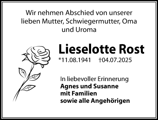 Traueranzeige von Lieselotte Rost von Camberger Anzeiger
