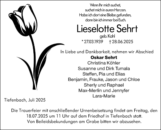 Traueranzeige von Lieselotte Sehrt von Weilburger Tageblatt