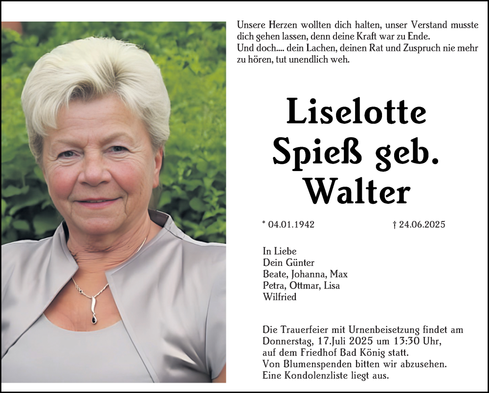  Traueranzeige für Liselotte Spieß vom 12.07.2025 aus Odenwälder Echo