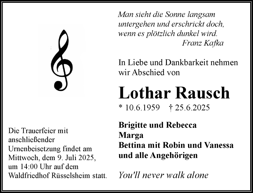  Traueranzeige für Lothar Rausch vom 05.07.2025 aus Rüsselsheimer Echo