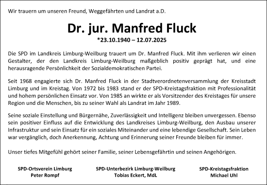 Traueranzeige von Manfred Fluck von Weilburger Tageblatt