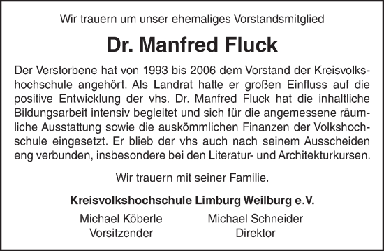 Traueranzeige von Manfred Fluck von Nassauische Neue Presse