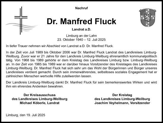 Traueranzeige von Manfred Fluck von Weilburger Tageblatt