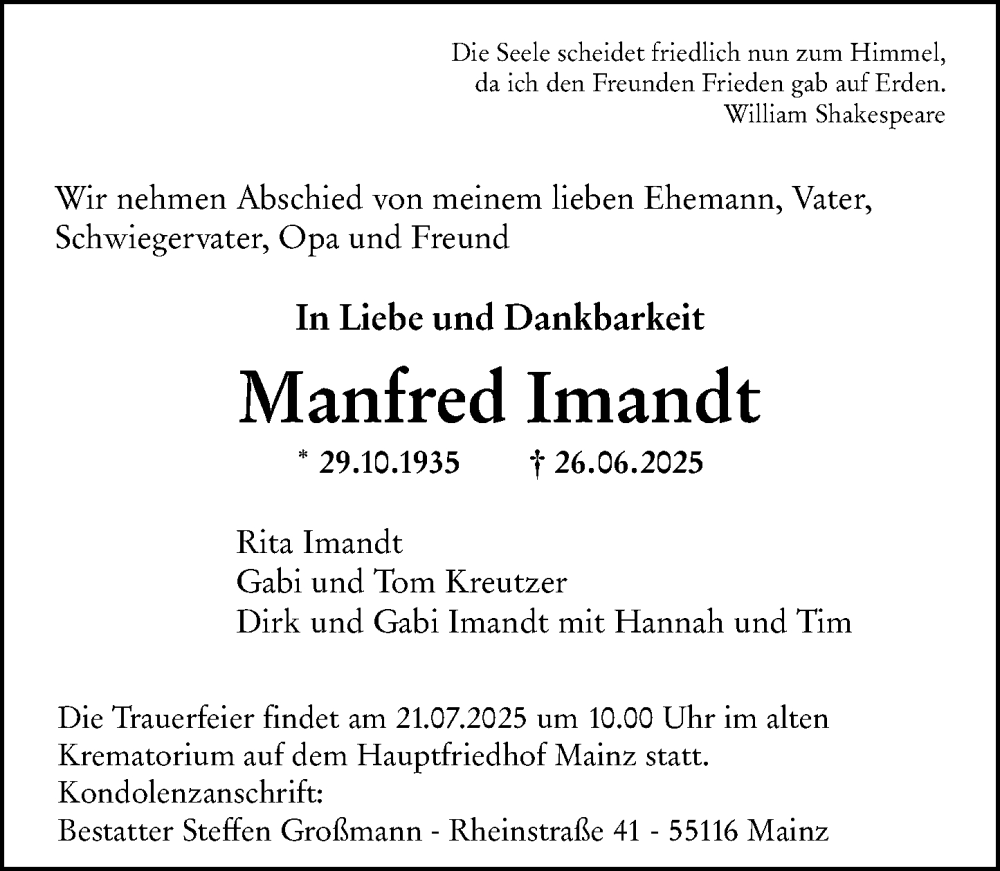 Traueranzeige für Manfred Imandt vom 12.07.2025 aus Allgemeine Zeitung Mainz