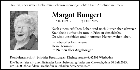 Traueranzeige von Margot Bungert von Wiesbadener Kurier