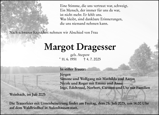 Traueranzeige von Margot Dragesser von Weilburger Tageblatt